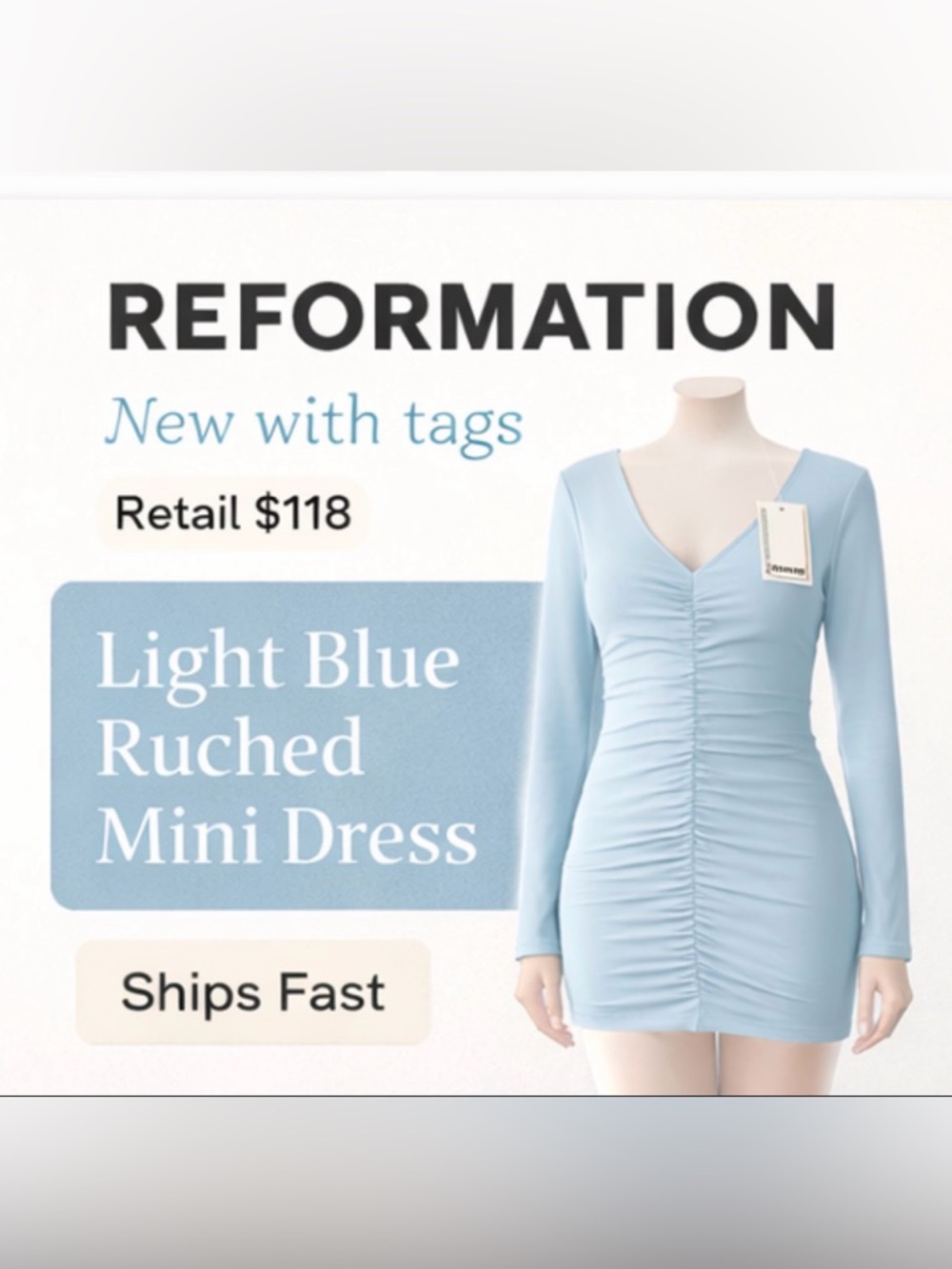 Reformation   Light Blue Long-Sleeve Ruched Mini Dress - Picture 2 of 3